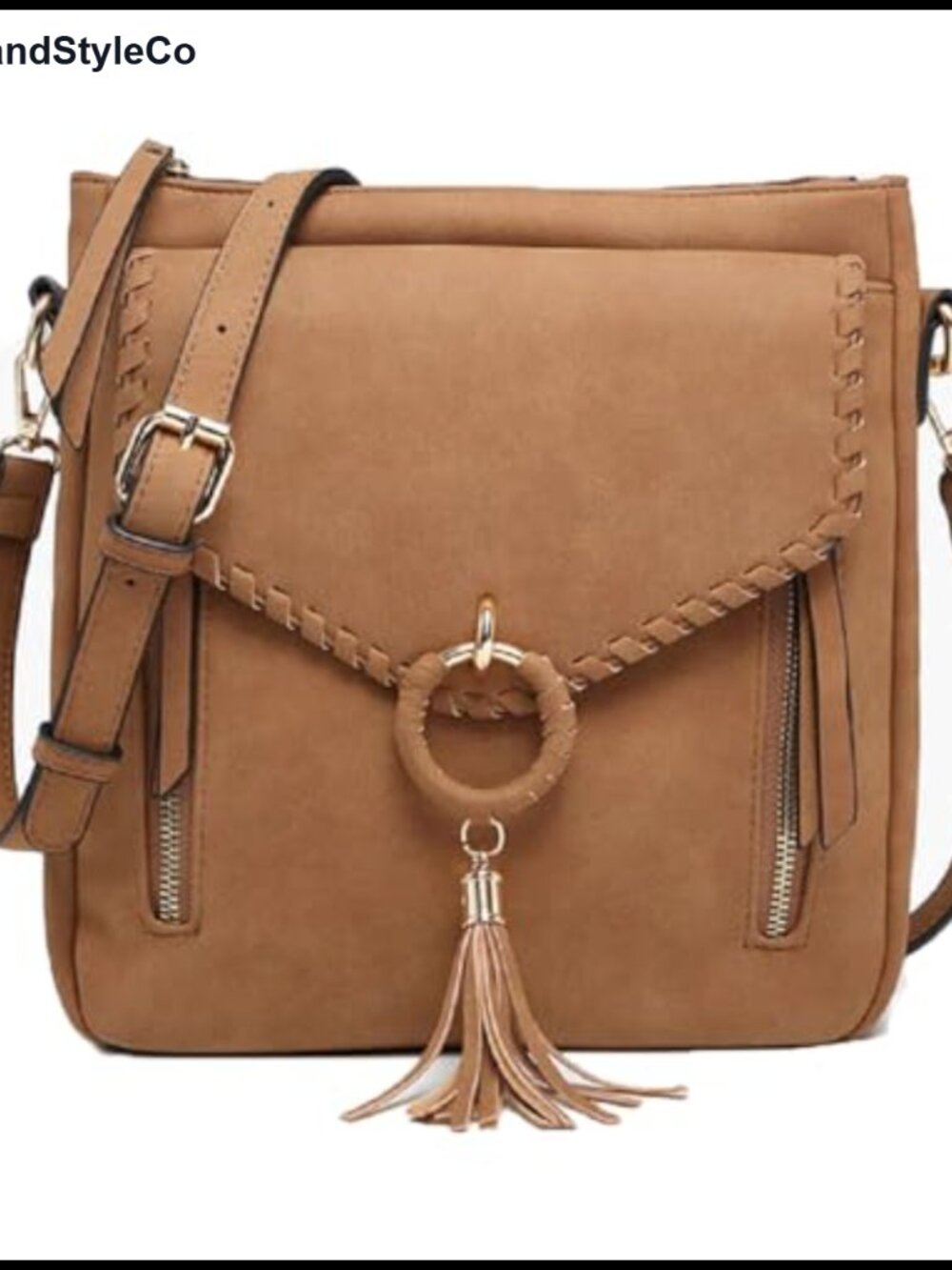 Faux Suede Crossbody Bag with Zipped Pockets Adjustable Strap